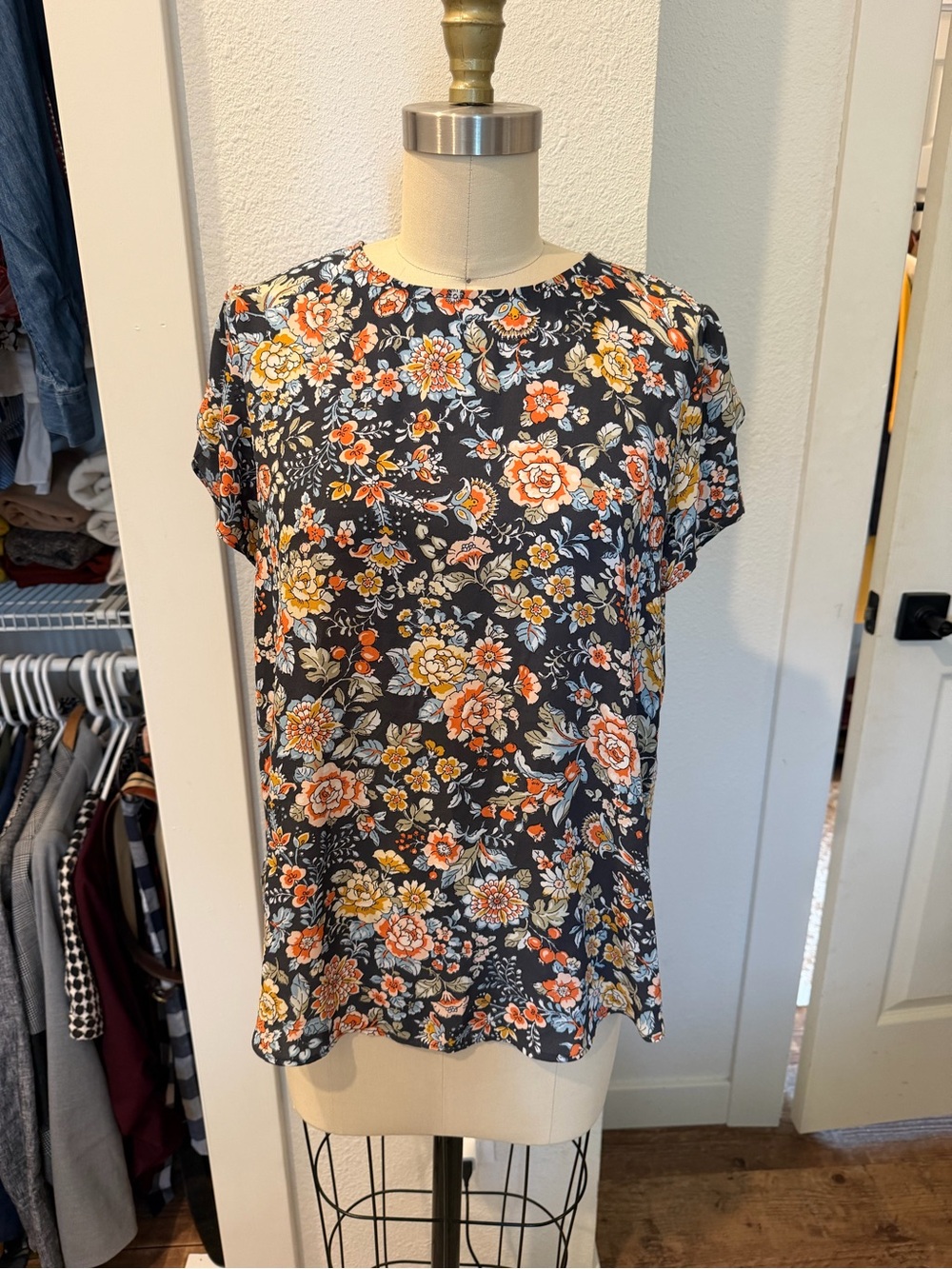 Loft Floral Short-Sleeve Blouse - Black with Orange & Cream Flowers